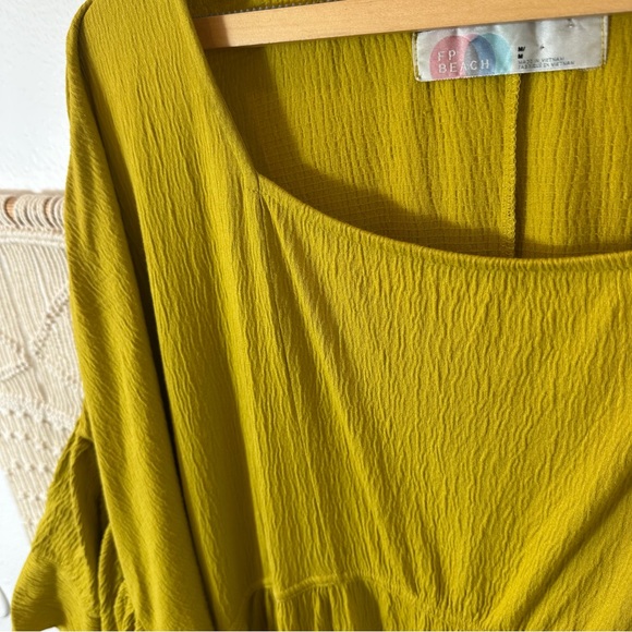 Free People FP Beach Boho Ruffle Sleeve Beach Dress Chartreuse Mustard Gypsy M - Picture 2 of 9